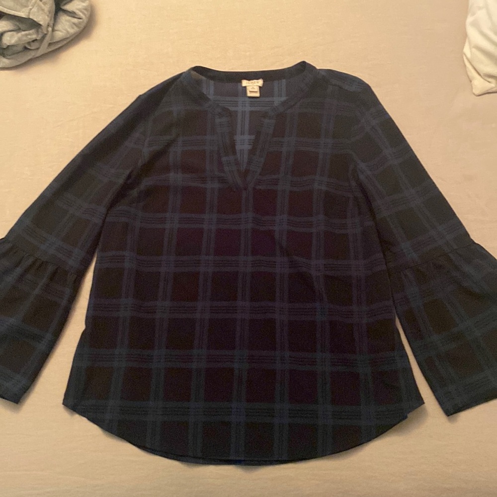 Navy & green plaid sheer blouse